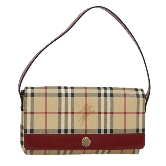BURBERRY Nova Check Shoulder Bag PVC Leather Silver Beige Red Auth 92084 - Picture 1 of 14